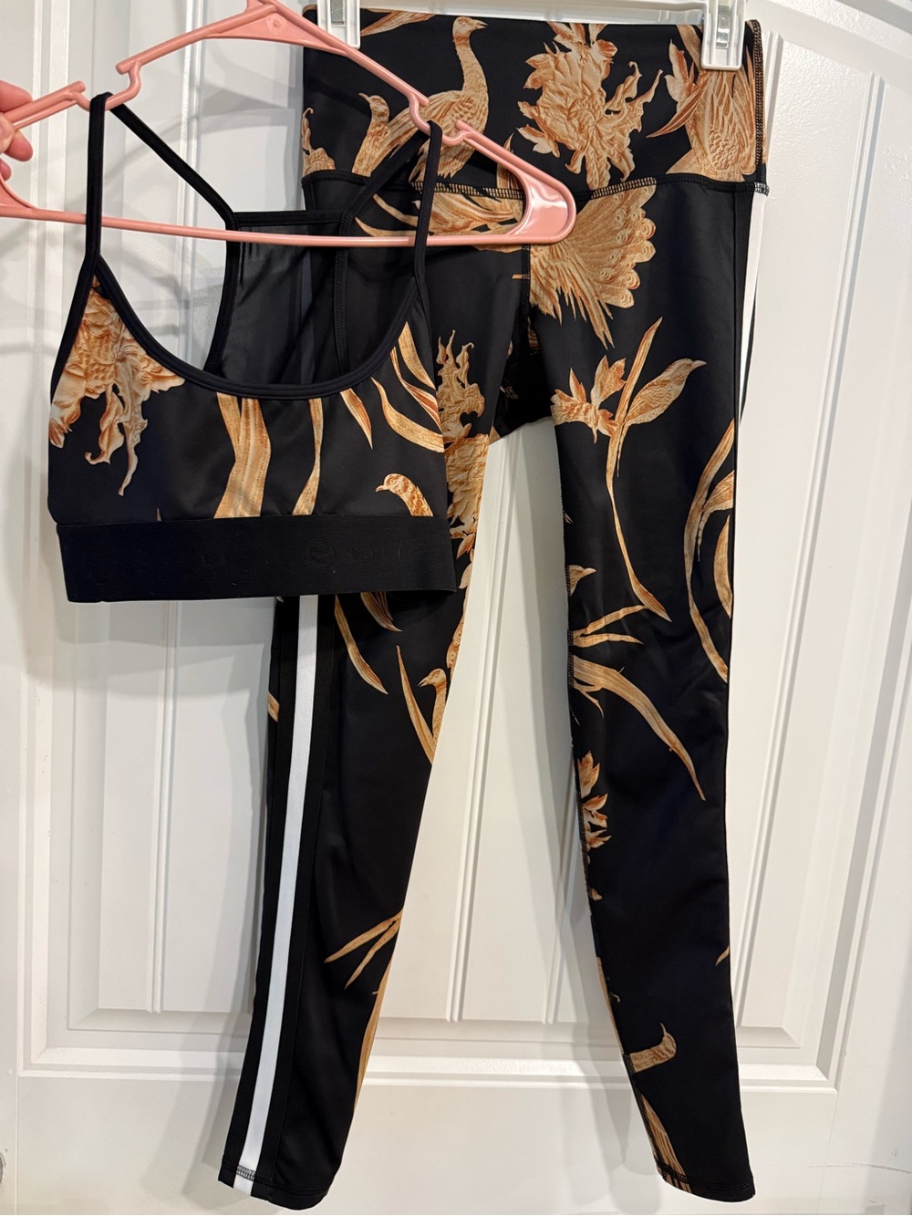 Black and Gold Floral Leggings with Matching Sports Bra